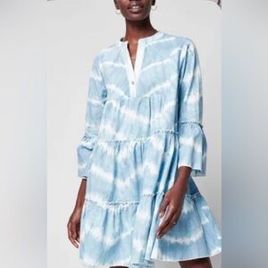 Faherty Light Blue & White Tie-Dye Tiered Long-Sleeve Dress